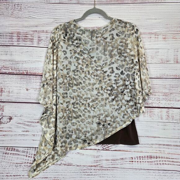 Chicos Asymmetrical Jayma Animal Print Blouse L Desert Beige Sheer Layer Top NWT - Picture 2 of 12